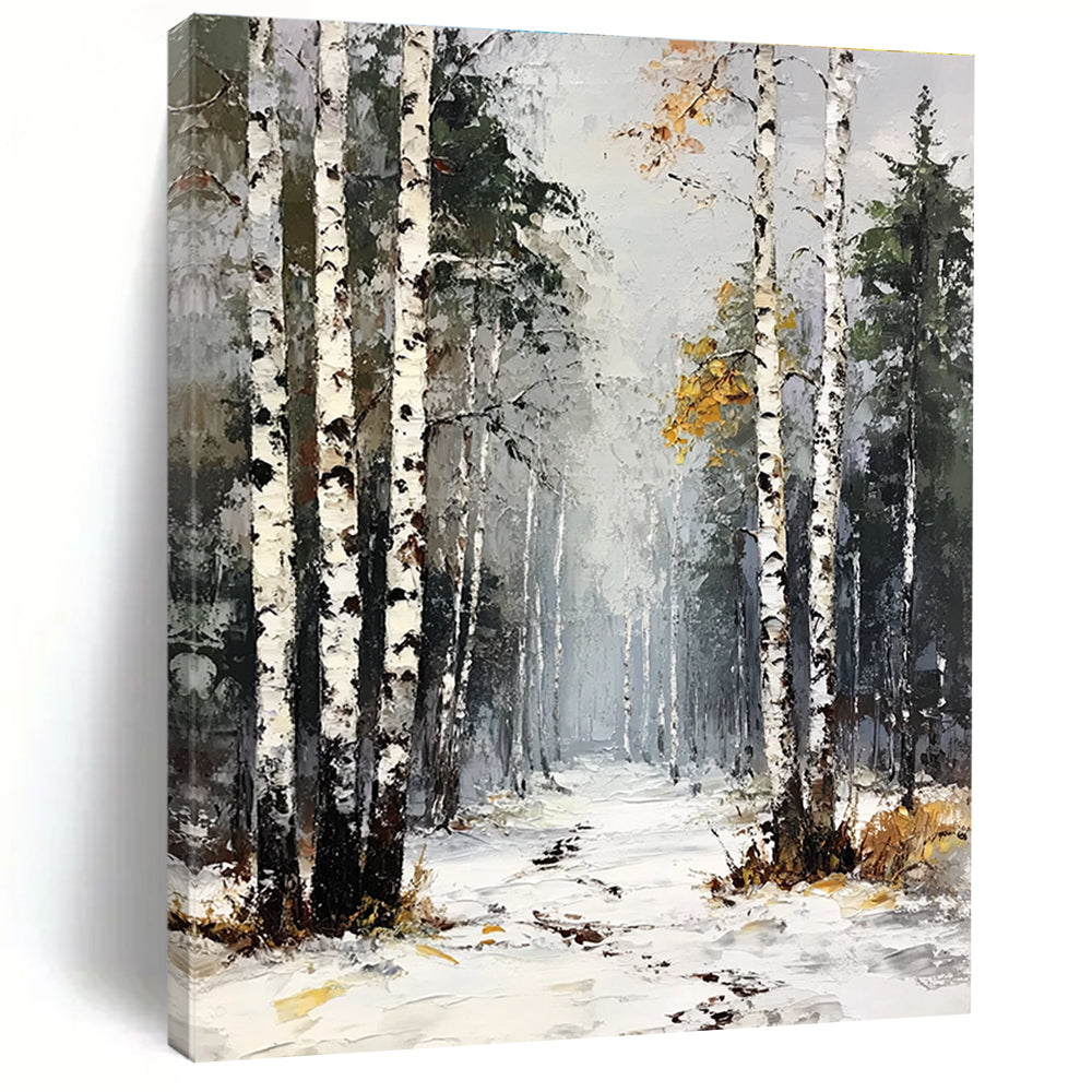 Large abstract painting of a birch forest with white trees green pines and yellow leaves under a gray sky with snow and frost on the ground.STSC1386