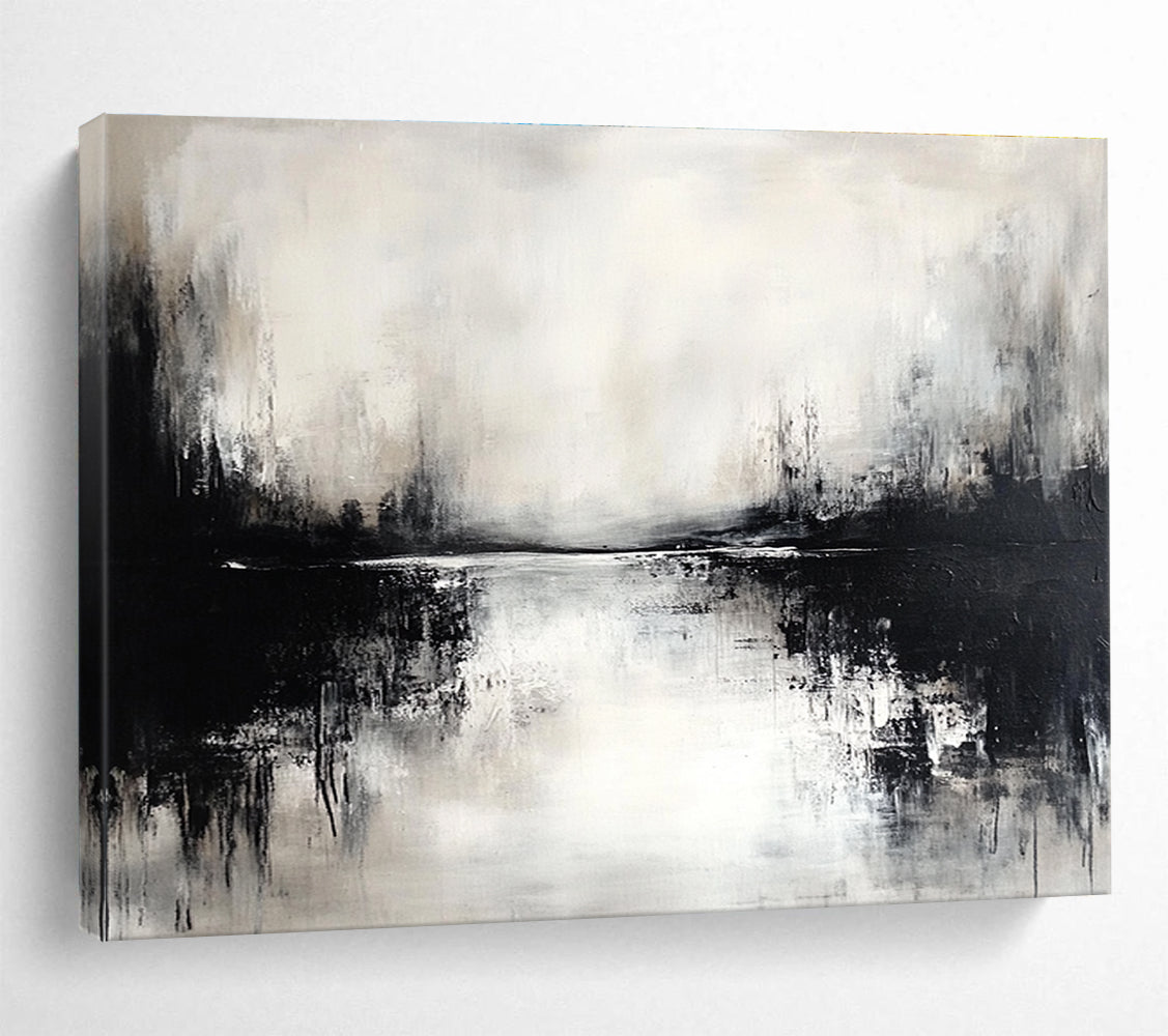 Black and White Lake Abstract Painting with Reflection Effects DYP173
