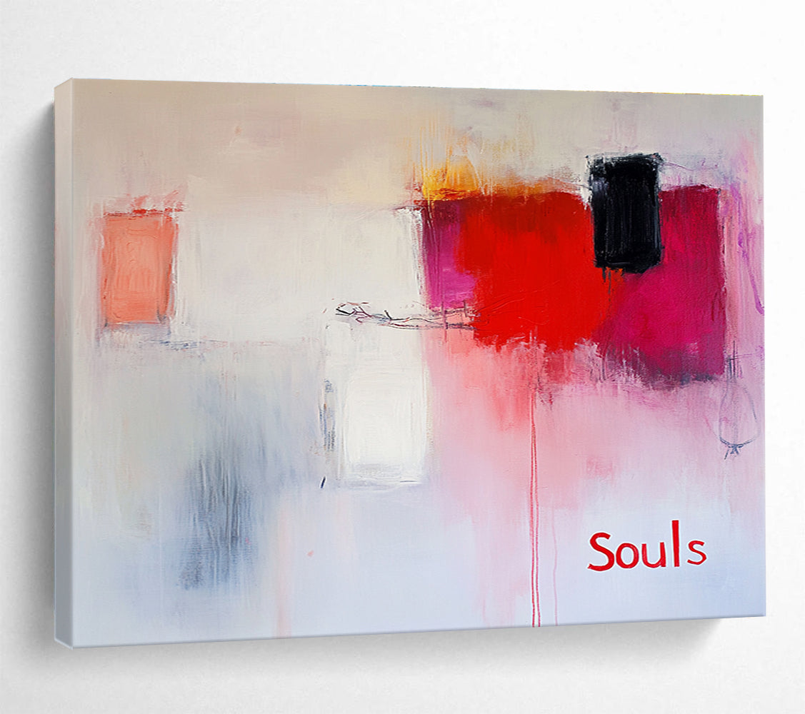 Large abstract painting in soft pinks and whites with red hints features expressive brushstrokes and the word Souls in a minimalist style.SC139