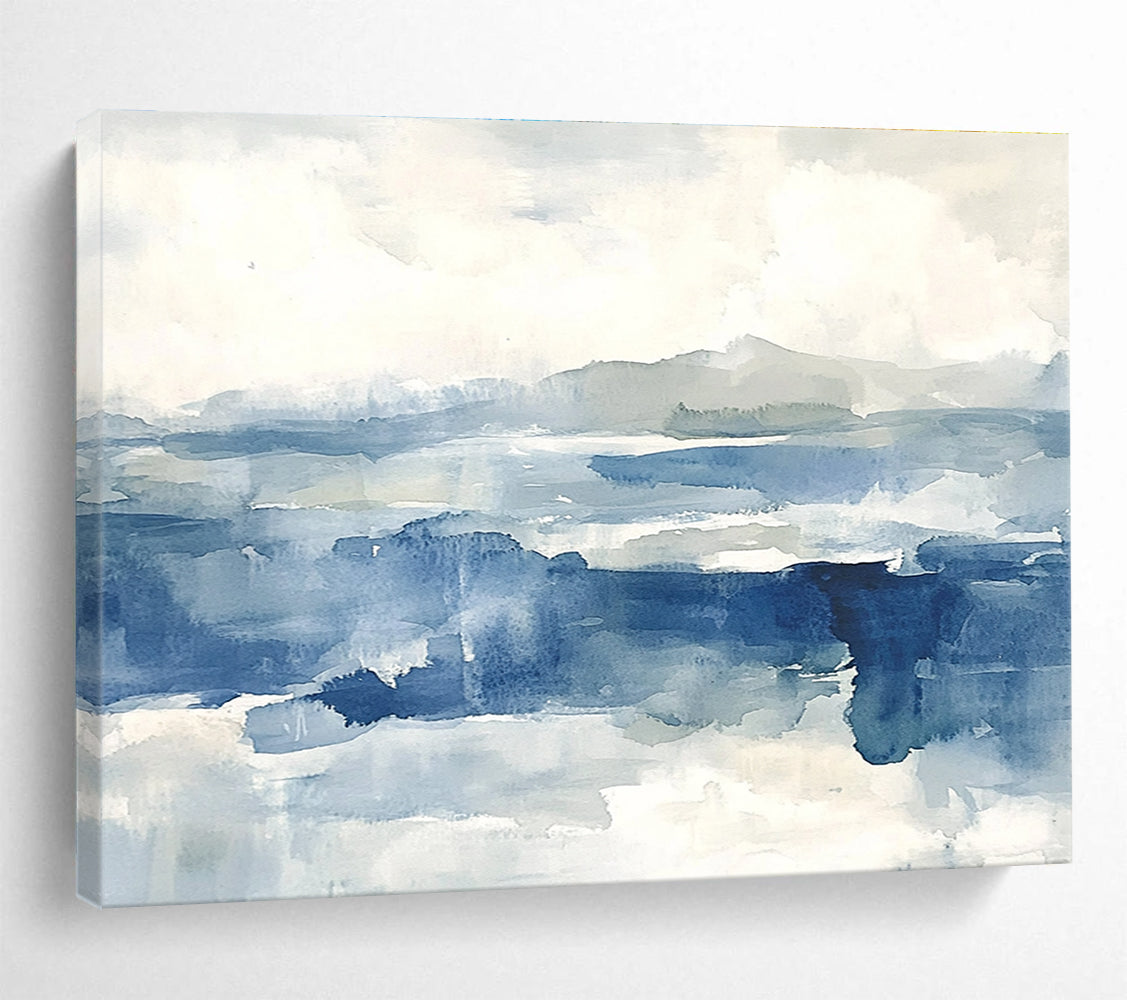 Large abstract painting of the sea features shades of blue and gray with soft clouds, evoking a stormy atmosphere and depth.SC289