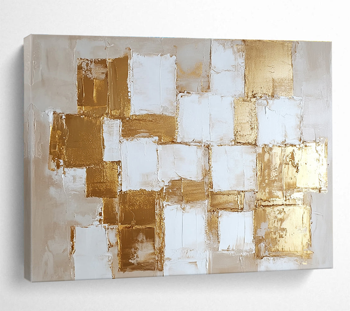 Gold and White Geometric Abstract Painting with Textured Squares DYP451