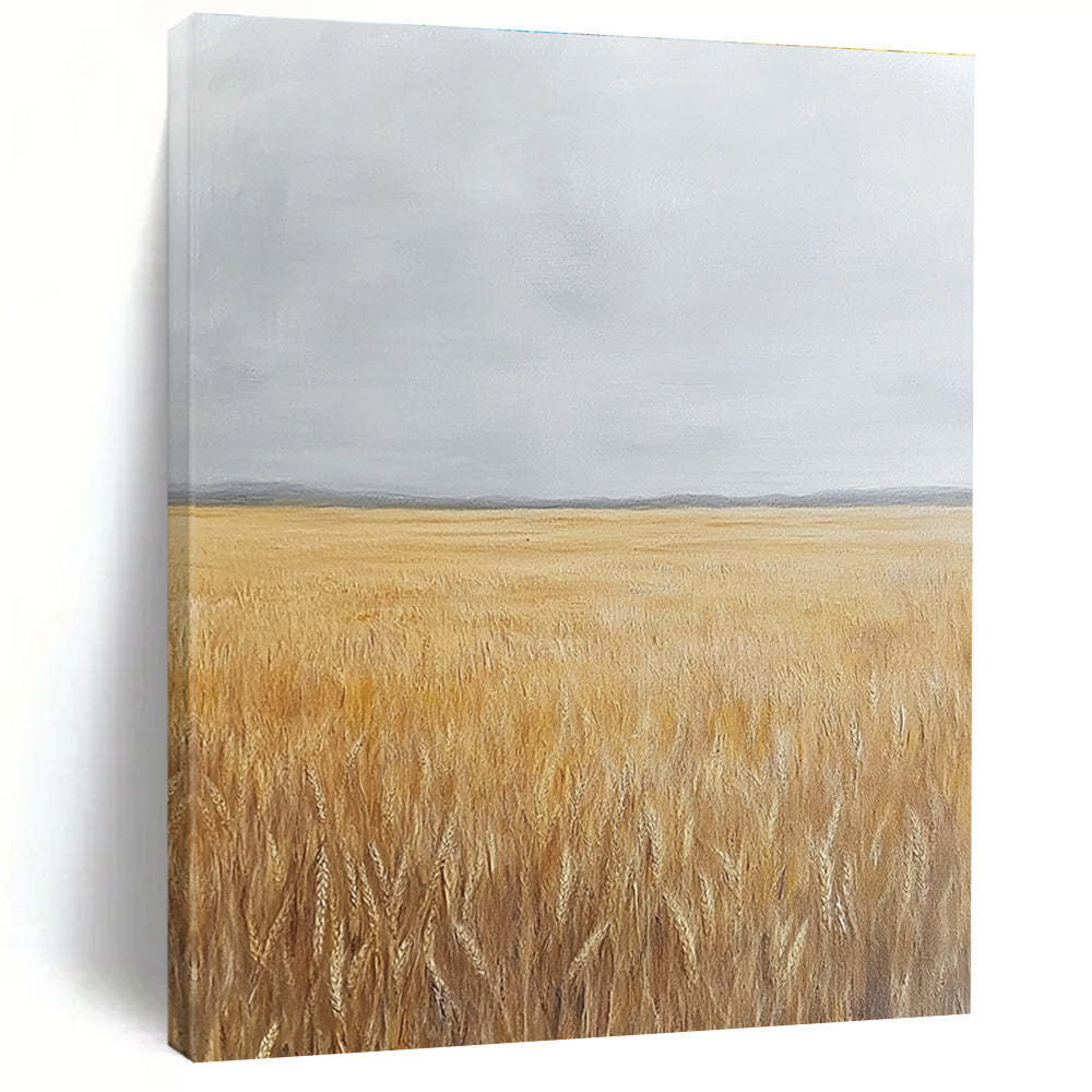 Large abstract oil painting depicting a large wheat field under a grey sky with yellowing grass tones.STSC1034