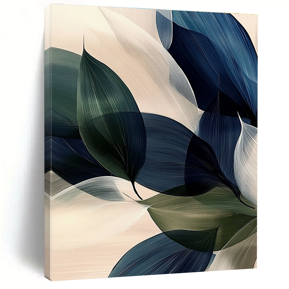 Large abstract painting of navy blue green and white large leaves with soft edges and subtle gradients on a light background.STSC685