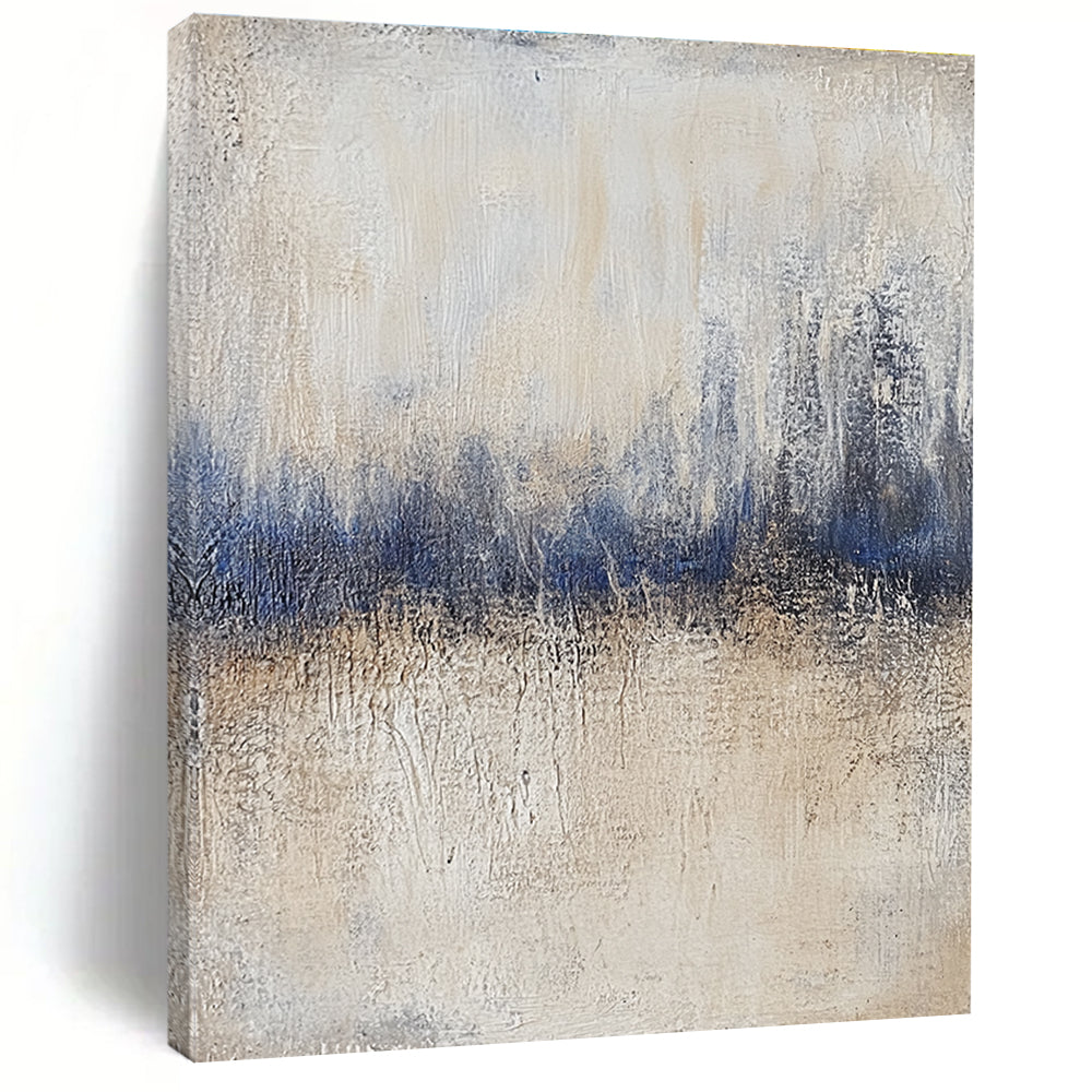 Large abstract painting featuring textured beige and blue tones with vintage aesthetics and impasto technique on a layered gray background.STSC732