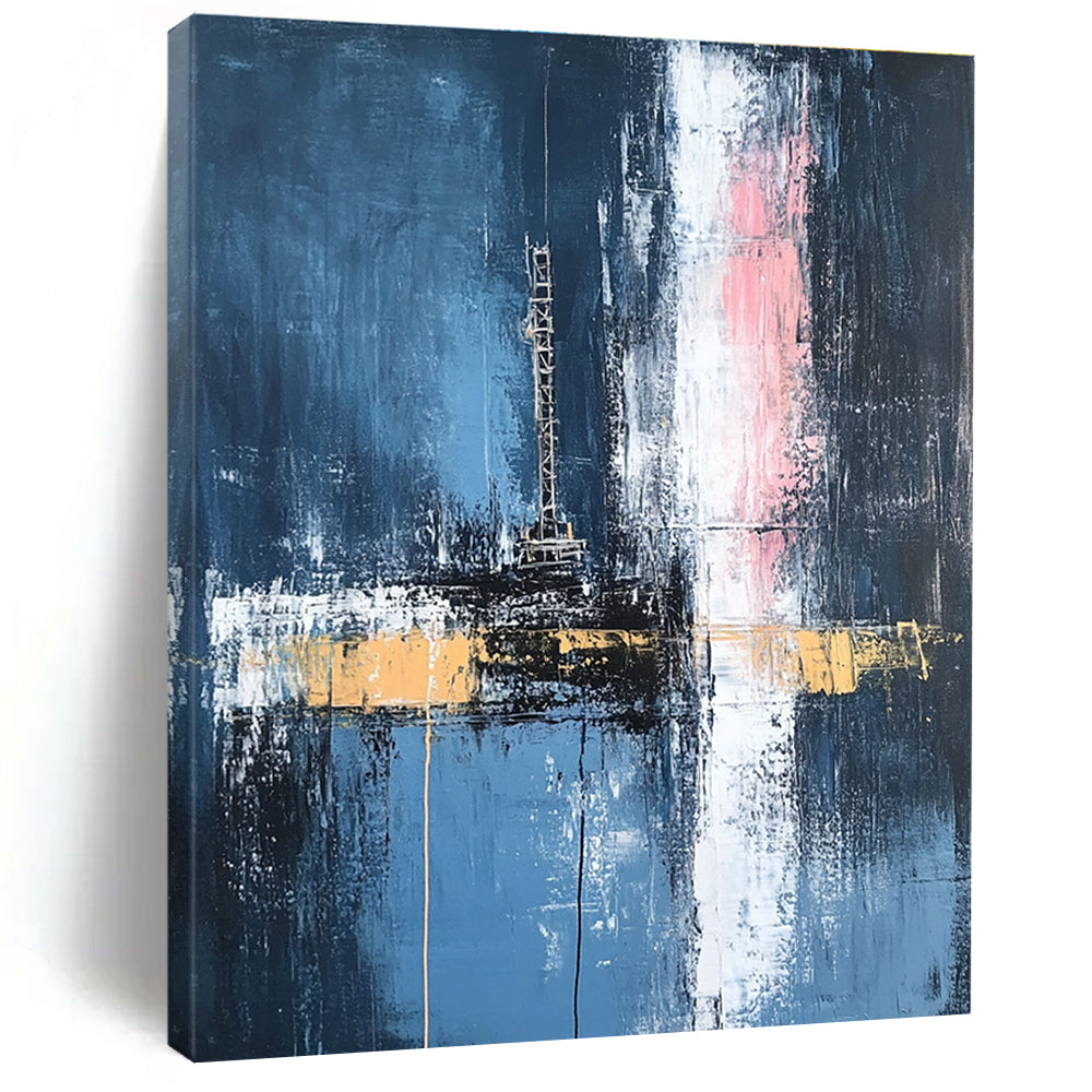 Large abstract painting depicting an oil rig in dark blue and white with hints of pink and yellow featuring loose brush strokes.STSC656