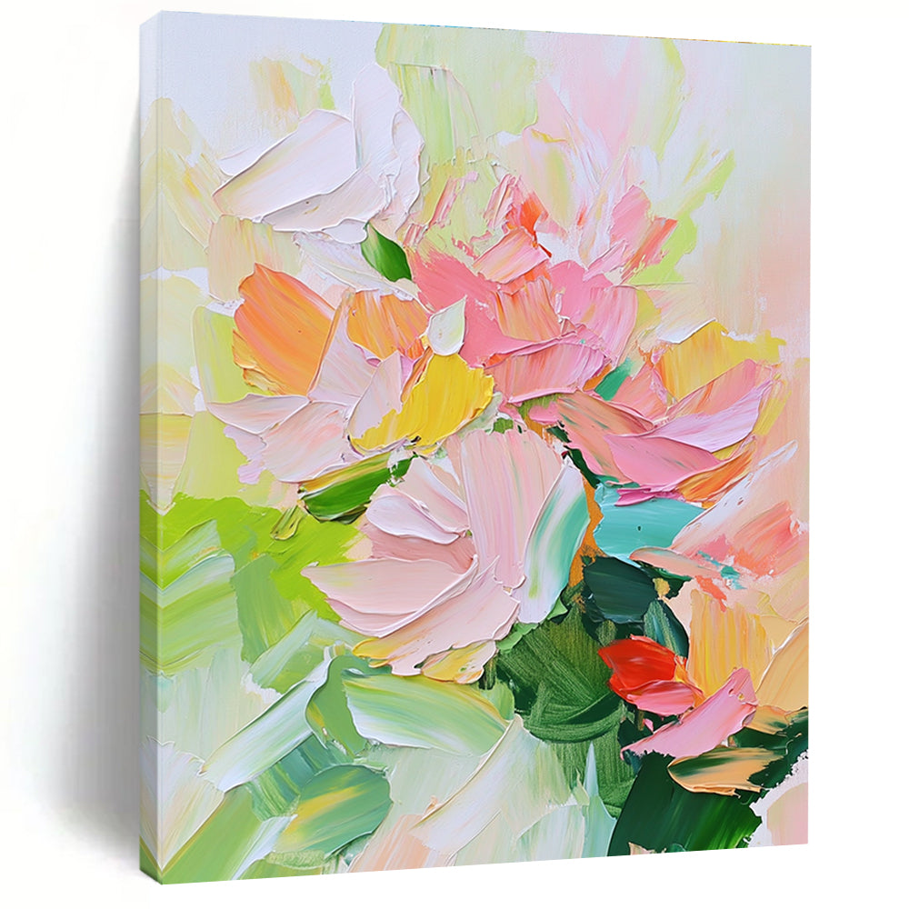 Large abstract painting of spring flowers in soft pastel colors with thick palette knife strokes of pink and green.STSC700