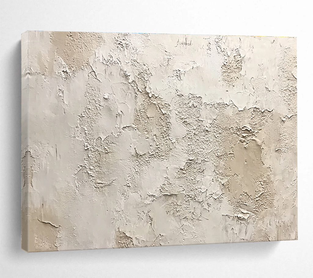 Large abstract painting of a textured white wall with shades of gray beige and brown showing organic shapes and a weathered appearance.SC183
