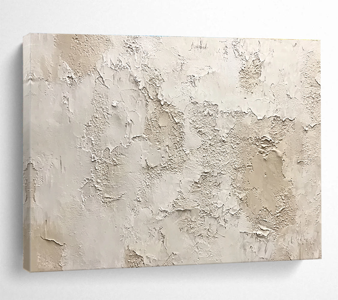Large abstract painting of a textured white wall with shades of gray beige and brown showing organic shapes and a weathered appearance.SC183