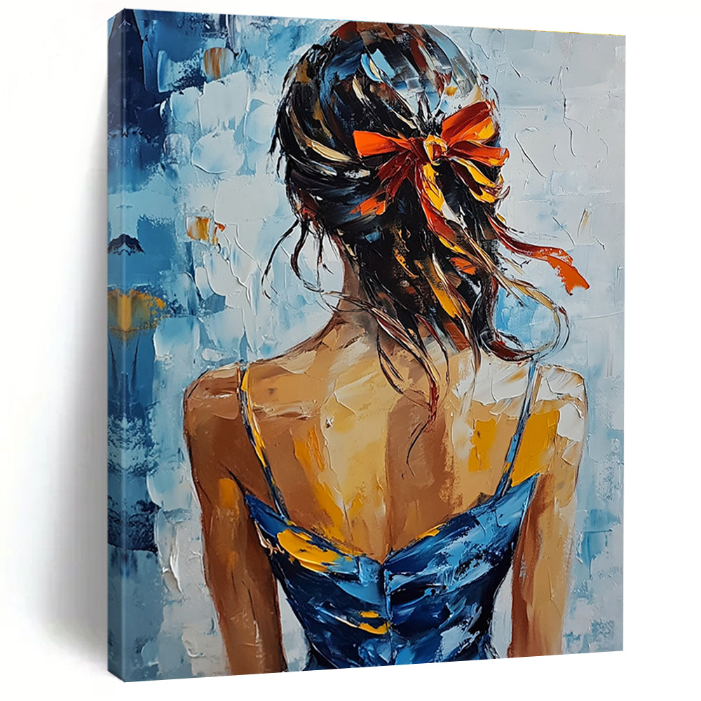 A large abstract painting featuring an elegant woman in a blue and yellow dress with red ribbons against a soft blue and white background.STSC879