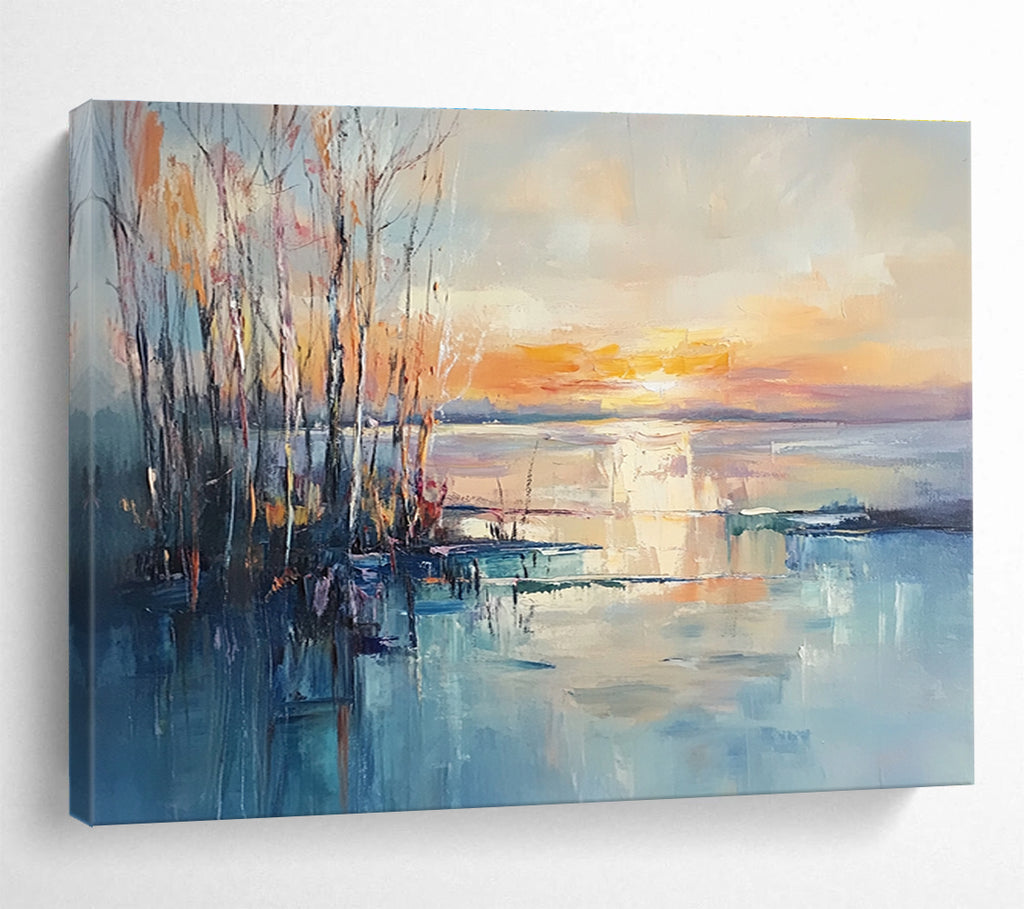 Sunset Lake with Bare Trees Abstract Landscape Painting DYP292