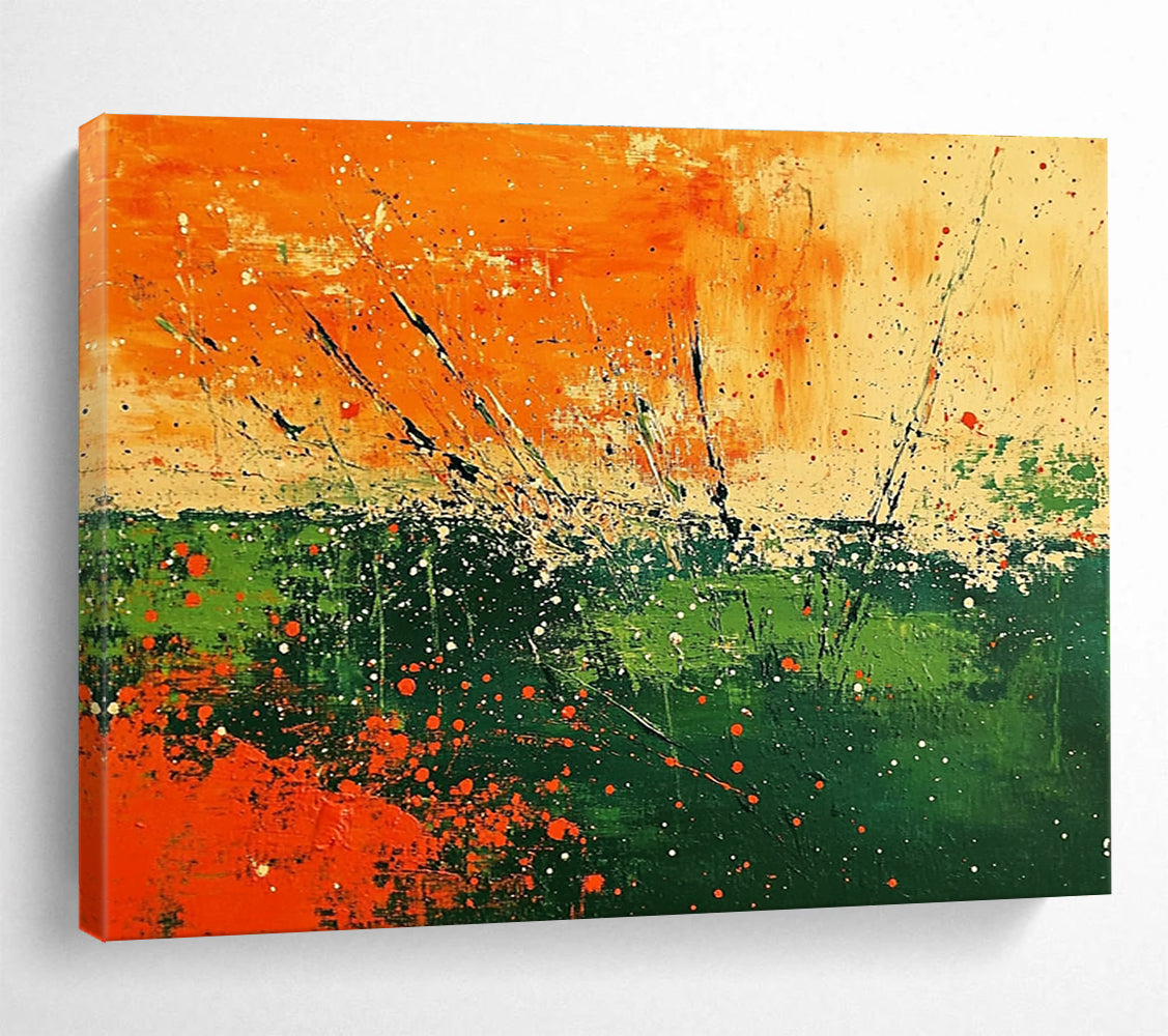 Abstract landscape featuring vibrant orange and green hues with textured brush strokes and splattered paint adds a unique touch to any space.SC090