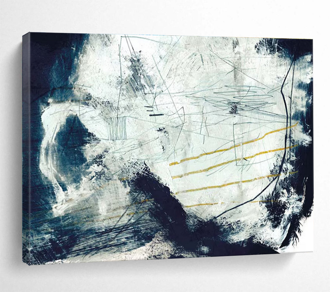 Blue and White Textured Abstract Painting with Yellow Accents THY141