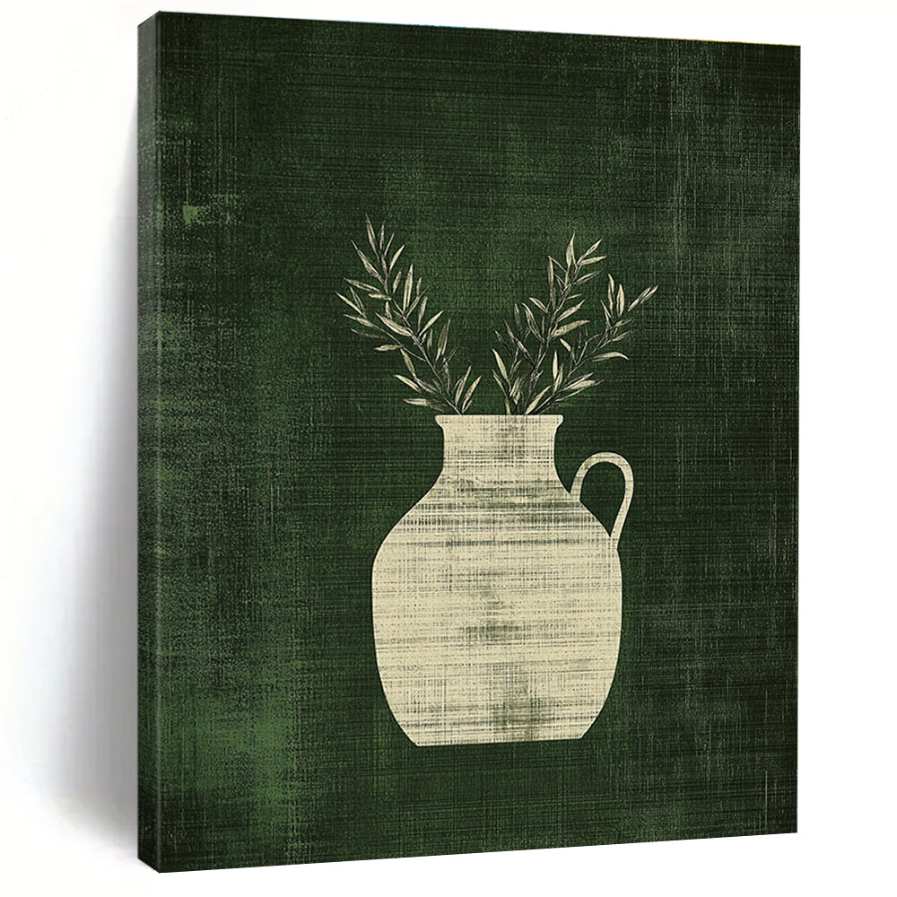 Abstract art featuring a minimalist antique jar with handles and olive branches against a textured green background, adding elegance and depth.STSC1084
