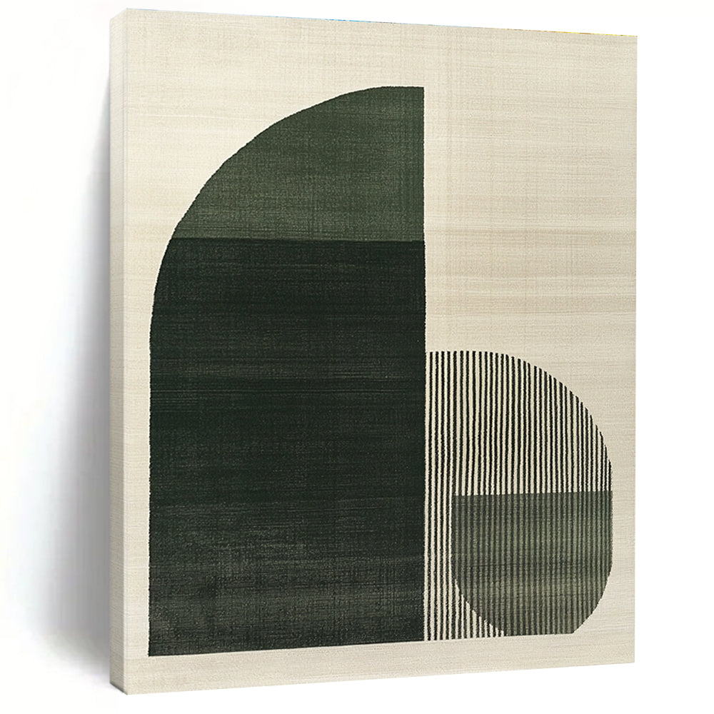 Large abstract painting featuring green and grey arch shapes with three dark gray stripes on a light beige textured background.STSC1081