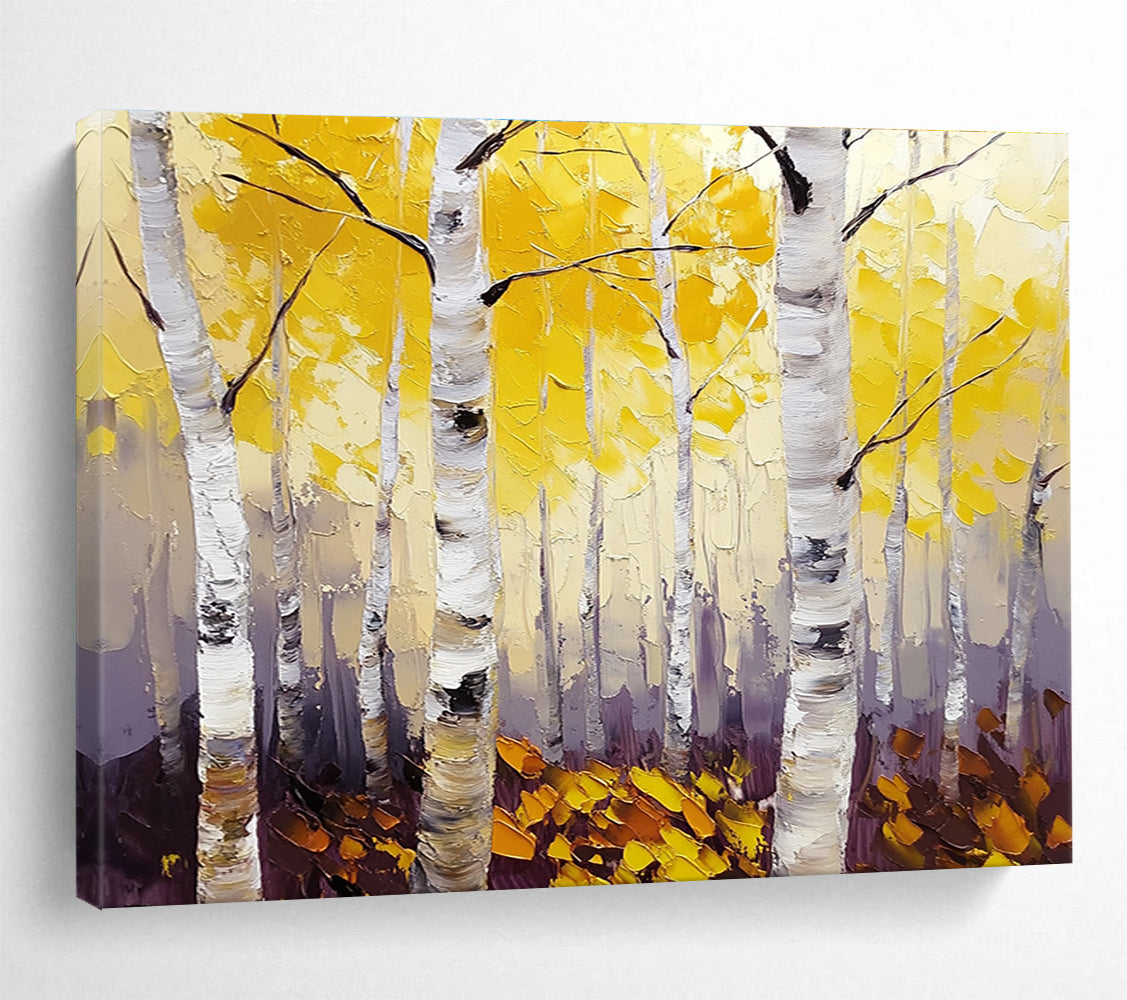 Large abstract painting of birch trees with vibrant yellow leaves featuring textured palette knife details and thick brush strokes on canvas.SC407