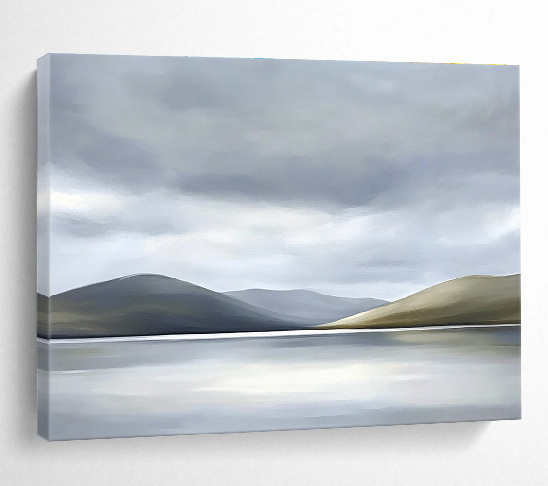 Large abstract painting of the Scottish Highlands featuring muted colors soft light grey sky white clouds and a serene lake in the foreground.SC131