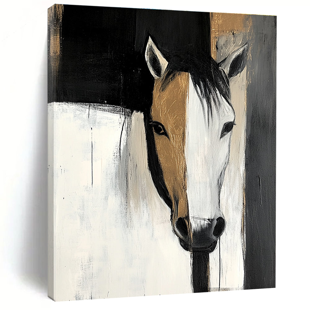 Large abstract painting featuring black and white shapes with gold highlights and a horse's head emerging from shadows conveying mystery and depth.STSC214
