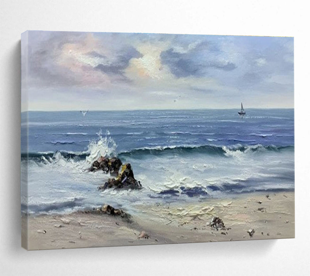 Seaside Wave Abstract Painting with Blue, White, and Grey Tones THY190
