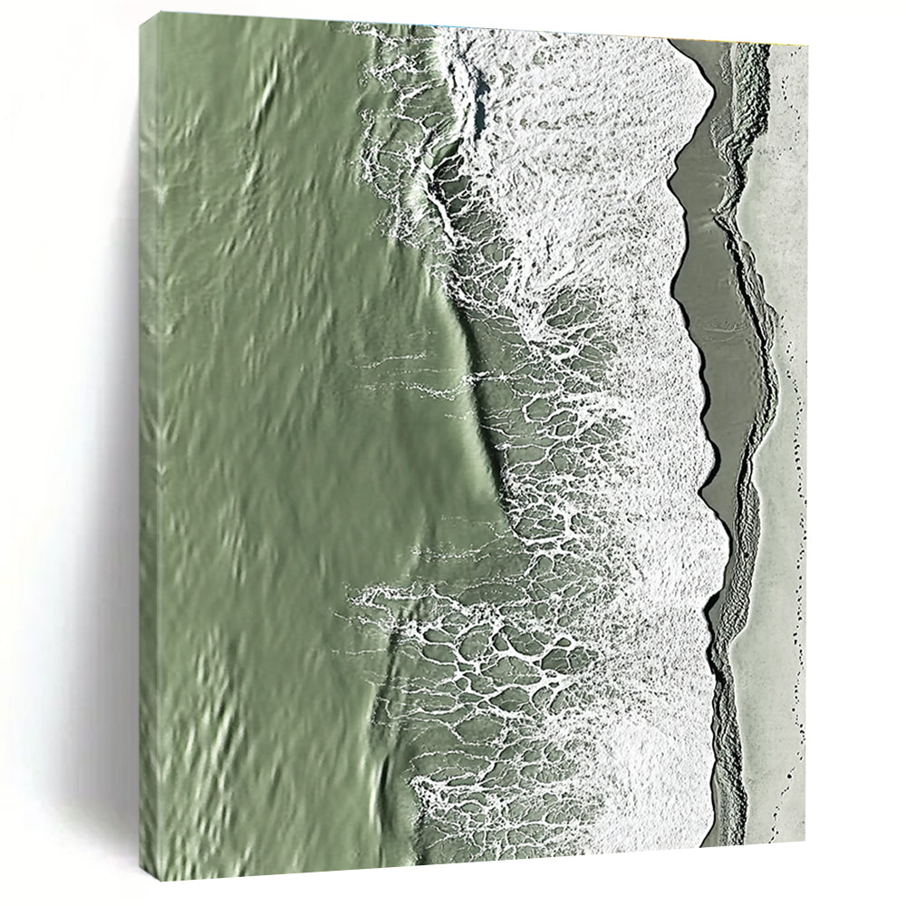 A large abstract painting capturing the serene edge where sand meets water in green and grey tones with rolling waves.STSC1158