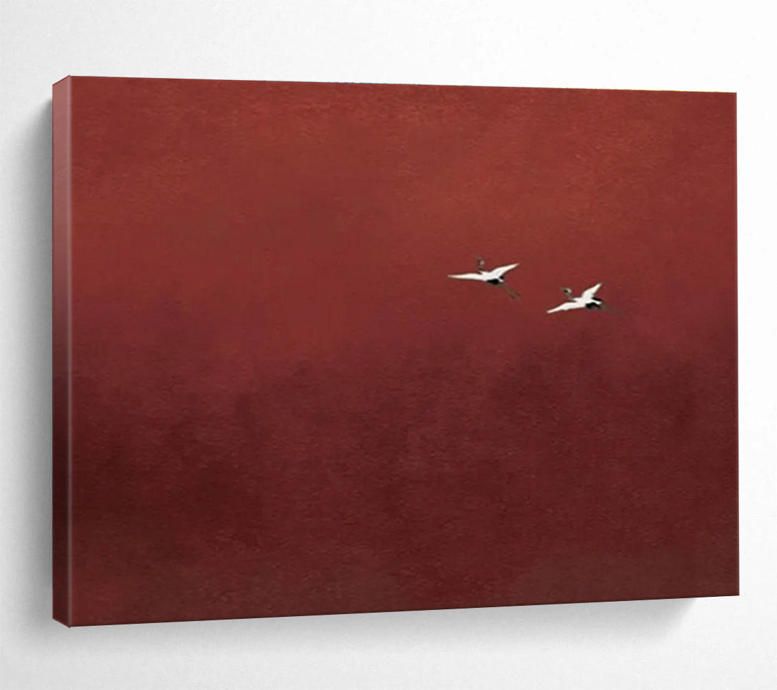 Red Crane Abstract Painting with Minimalist, Serene Beauty THY389