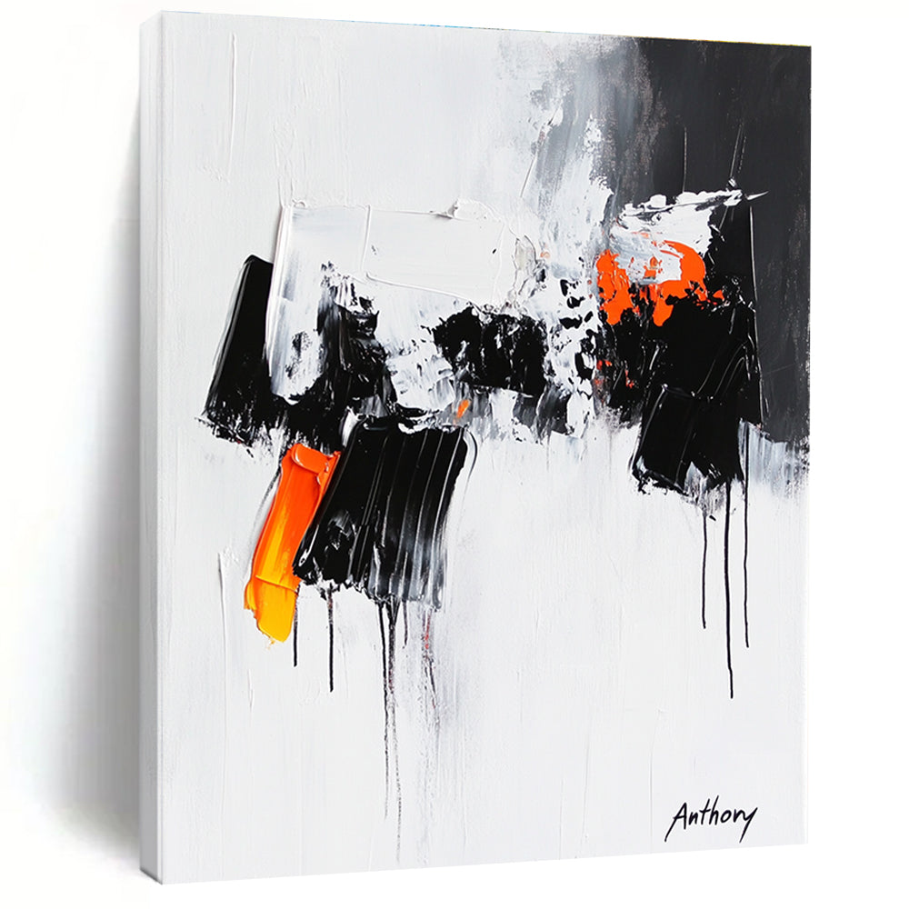 Large abstract painting featuring the word Anthony with black and orange dripping paint thick brush strokes and bold black shapes on a white background.STSC350