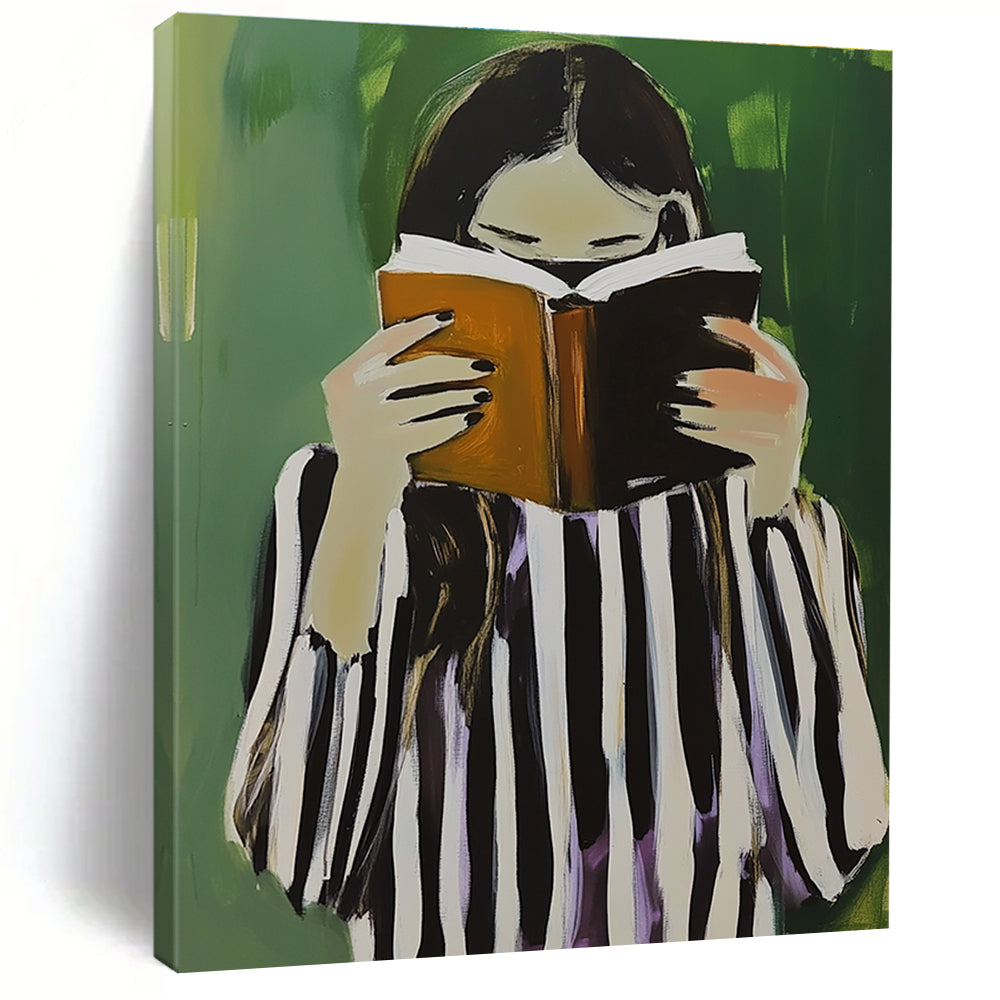 A large abstract painting featuring a woman in black and white stripes holding a book and coffee against a green background.STSC1258