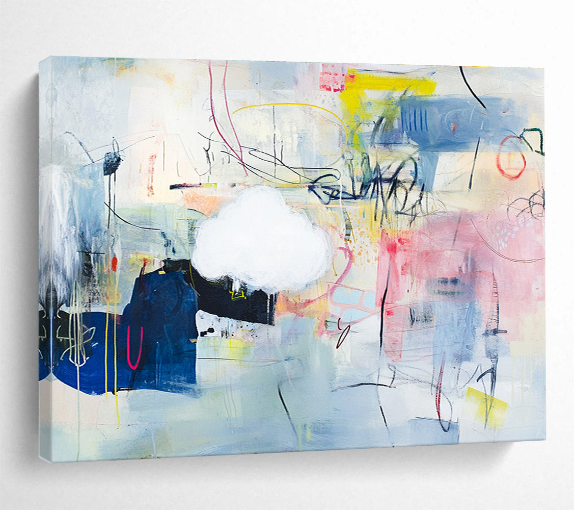 Large abstract painting featuring playful shapes and lines on a light blue background with mixed media collage elements and vibrant textural accents.SC477