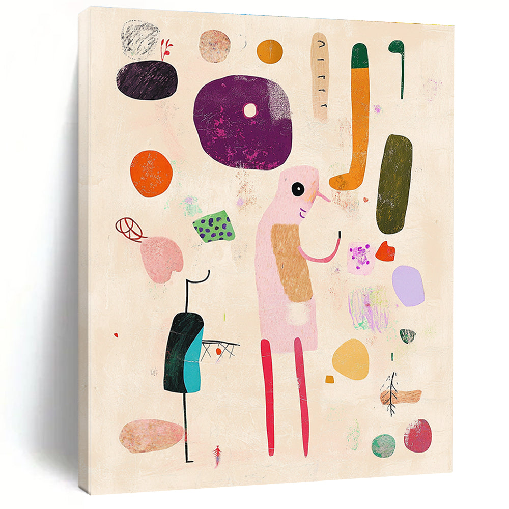 Large abstract artwork featuring hand-drawn shapes and playful lines on a beige background with pink and green accents.STSC1287