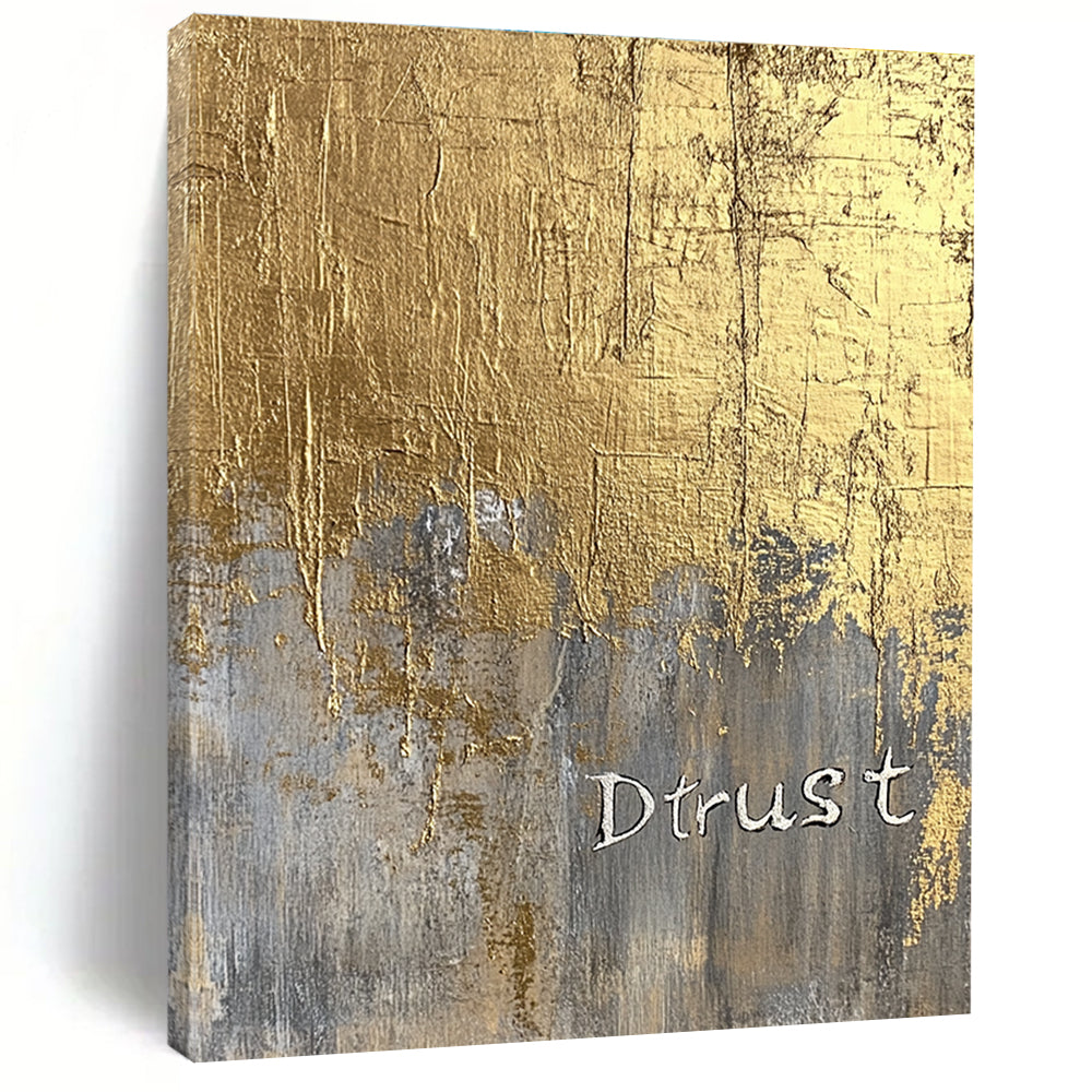 A large abstract painting featuring a gold foil background and textured silver lettering of Dtrust with elegant luxury and depth.STSC1003