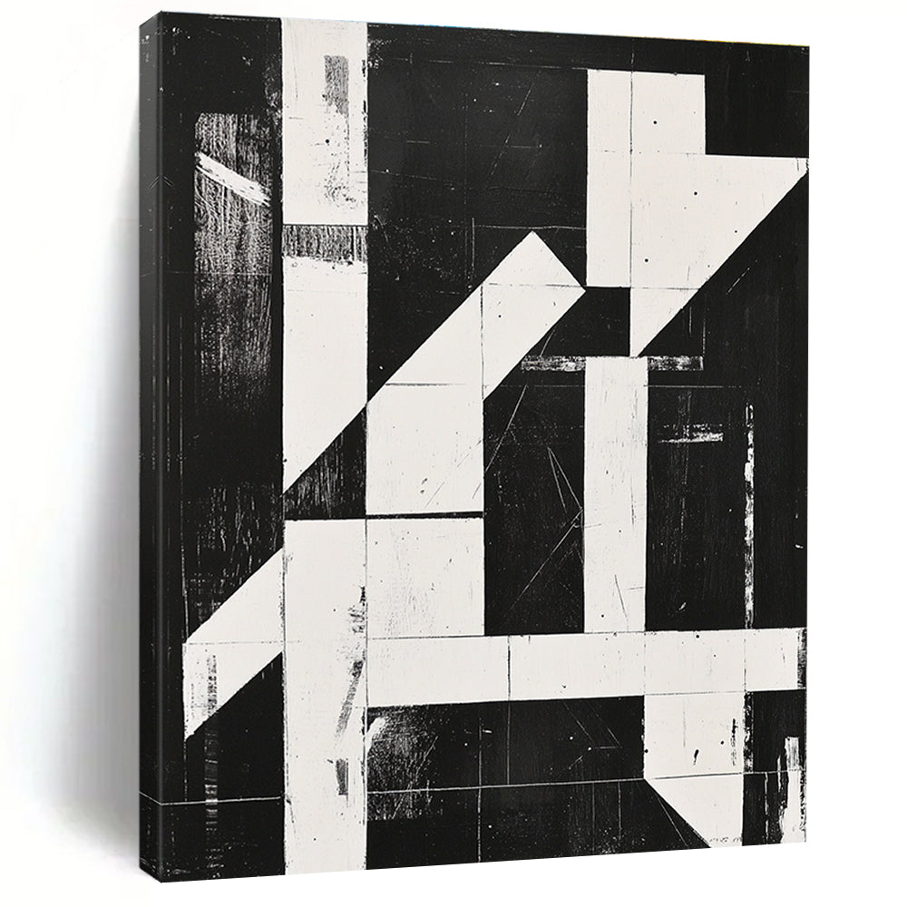 Large abstract painting with high contrast black and white lines and shapes featuring bold textured elements in a minimalist grid composition.STSC1279
