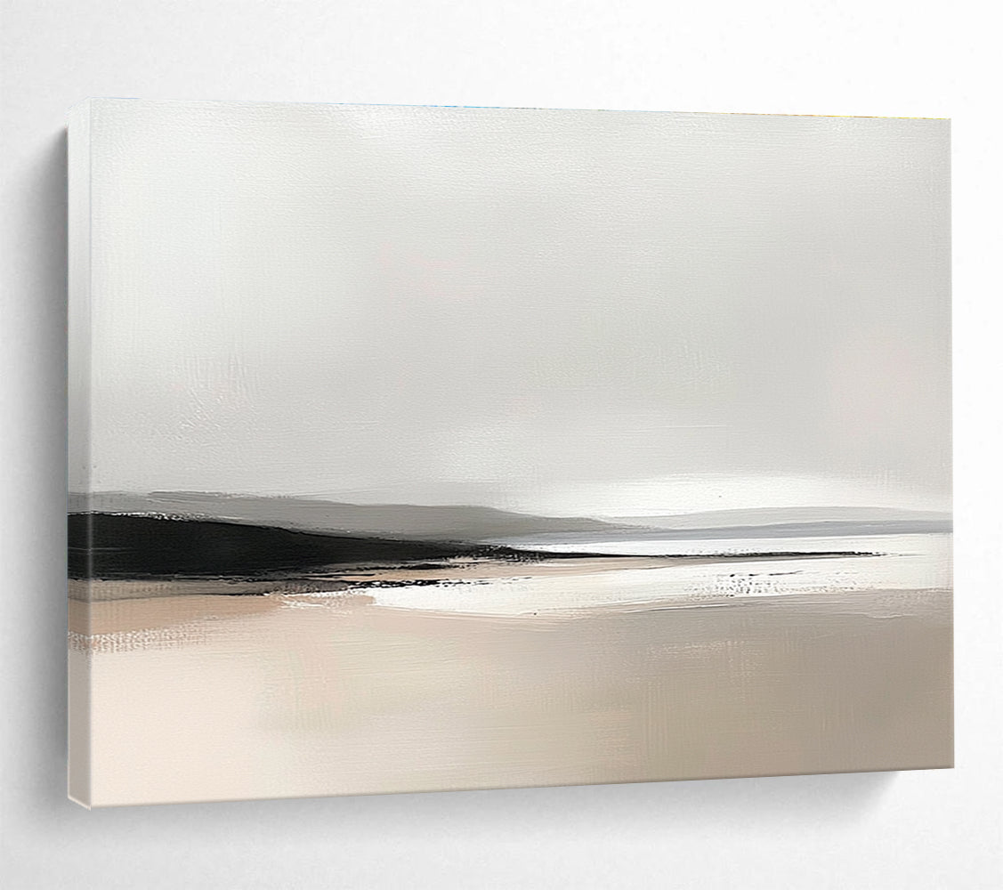Large abstract oil painting featuring Scottish landscapes in soft greys and beiges with visible brush strokes highlighting a beach horizon.SC092