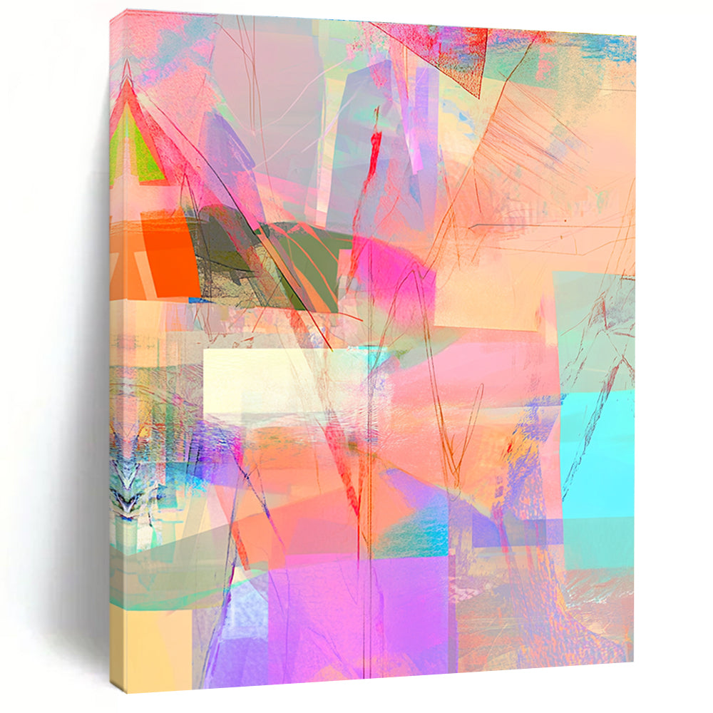 Abstract digital collage with pastel colors featuring neon pink squares bright blue patterns soft orange lines and vibrant green and yellow accents.STSC543