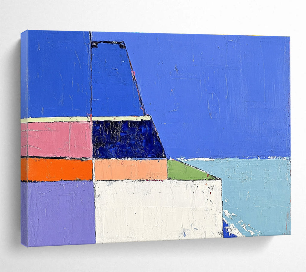 Colorful Geometric Seaside Abstract Painting with Blue and Pastel Tones DYP310