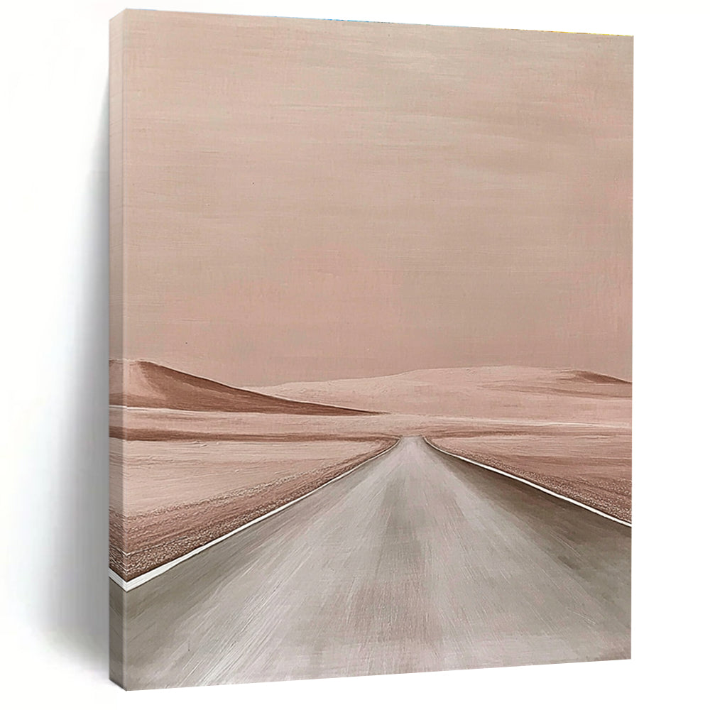 Large abstract painting of a minimalist desert road in a beige color palette inspired by Aron Wiesenfeld and John Larriva.STSC1166