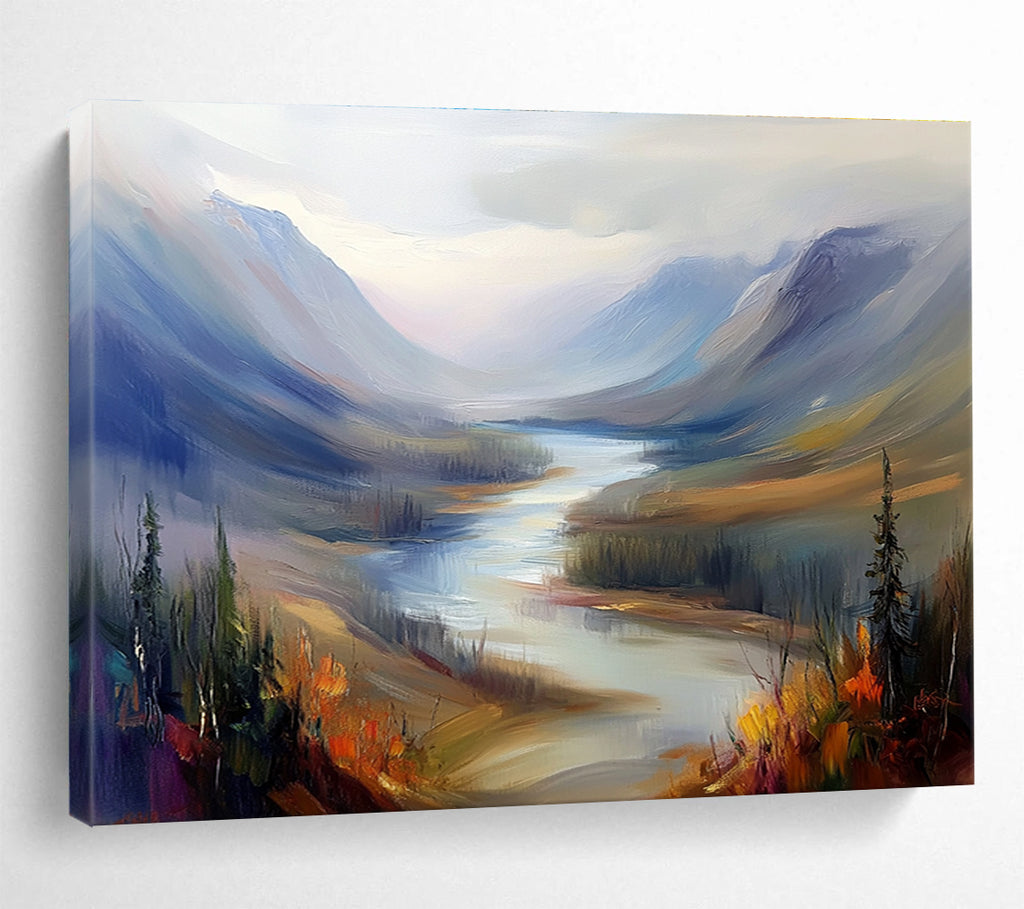 Large abstract painting of a misty Northern Canada river landscape featuring rolling hills and mountains in a warm color palette with soft brush strokes.SC405