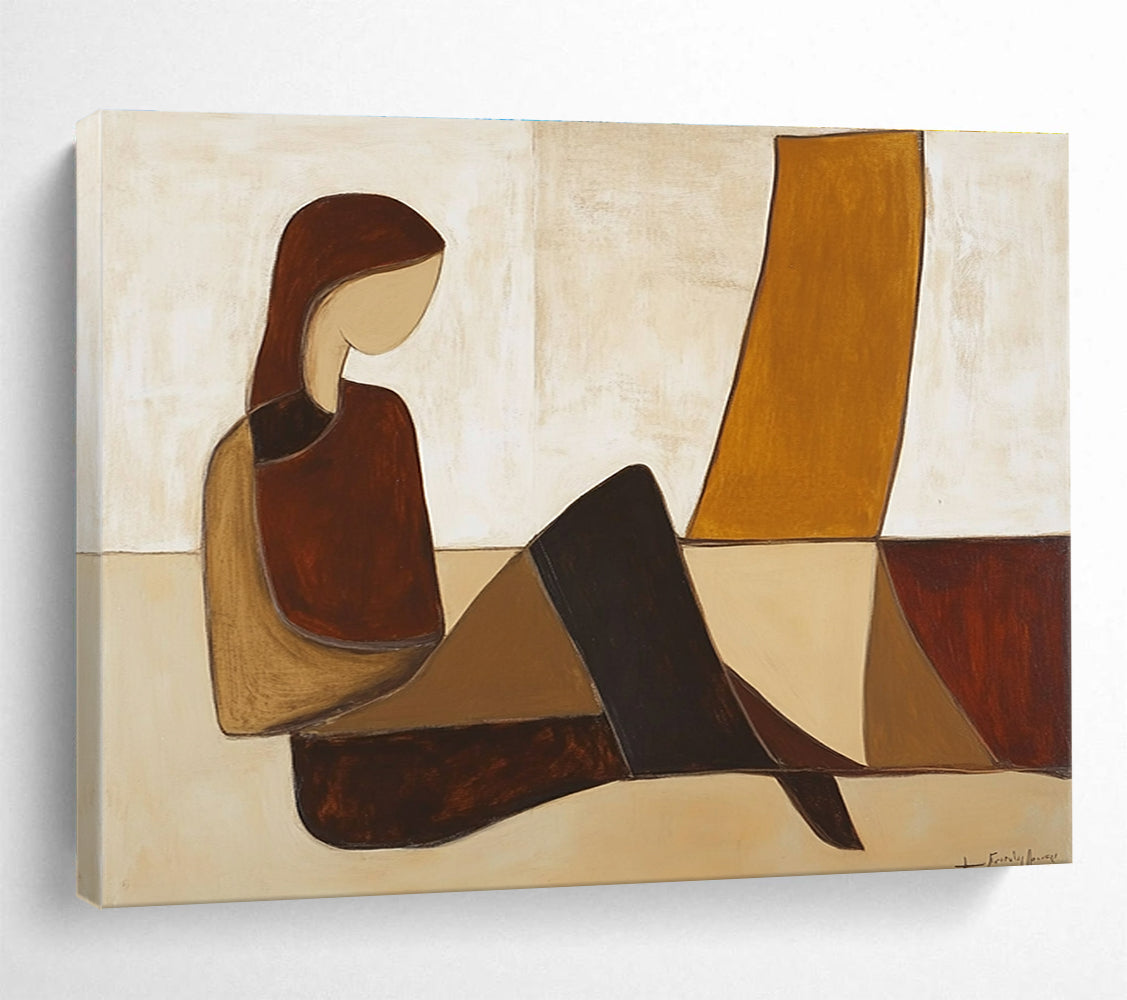 Large abstract painting featuring a woman on the floor in brown and beige hues with simple shapes inspired by Jean Fautrier.SC345