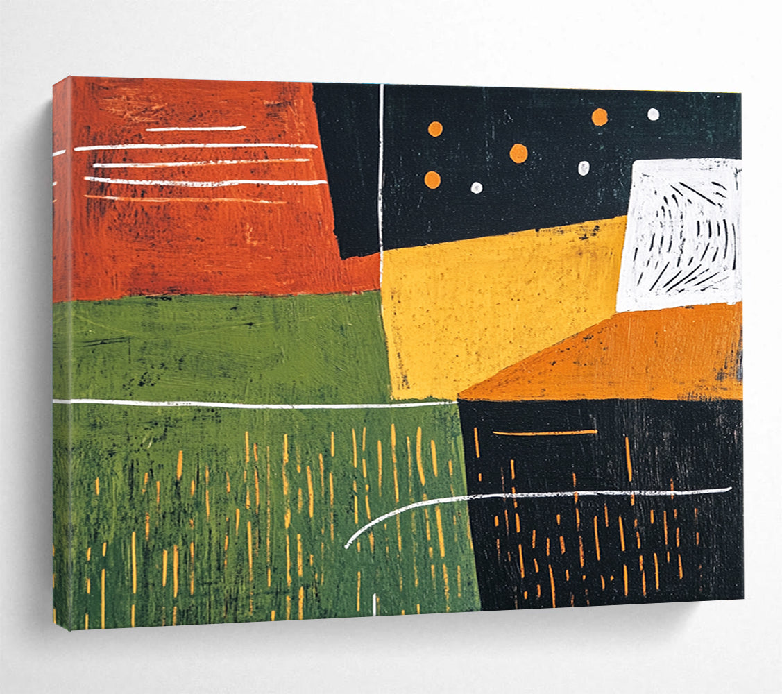 This large abstract painting features bold green orange and black shapes with a dark red background and geometric figures evoking movement and freedom.SC520