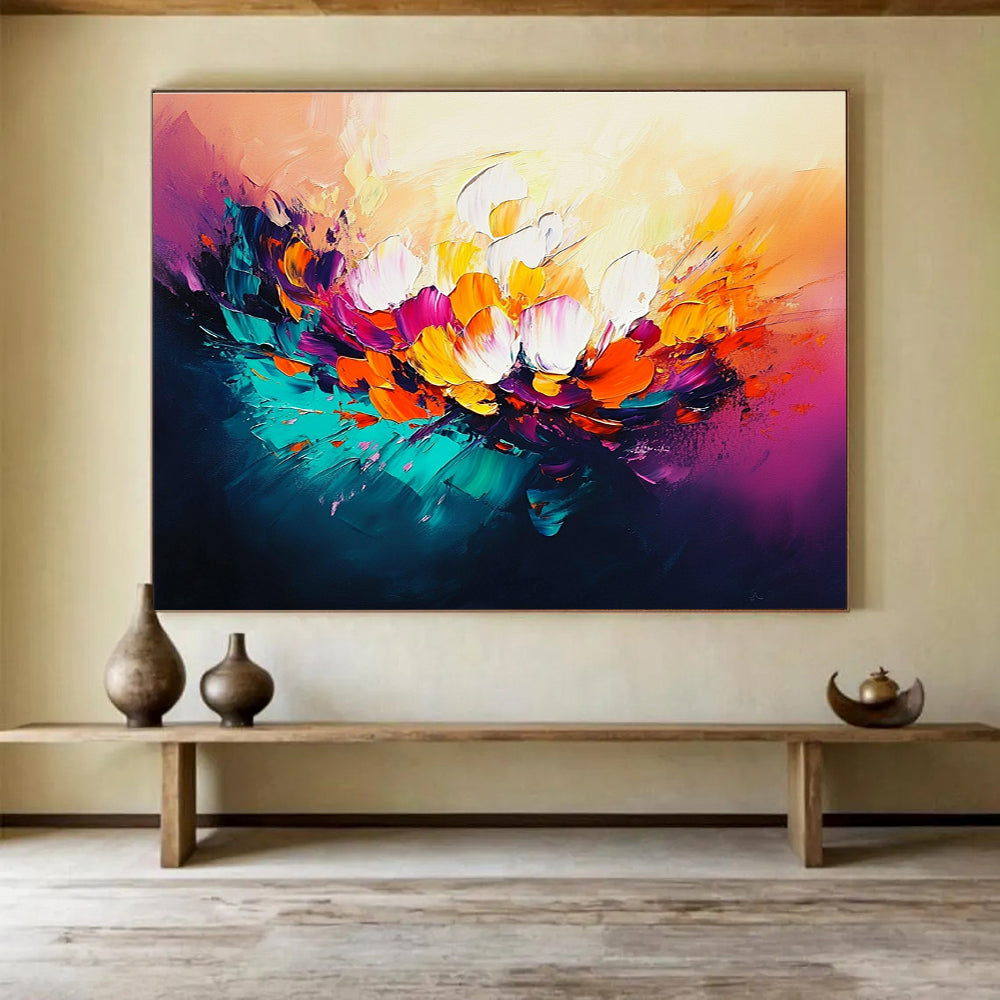 Large abstract oil painting of flowers in vibrant orange teal magenta with expressive brushwork and glowing lights creating a dynamic composition.SC320
