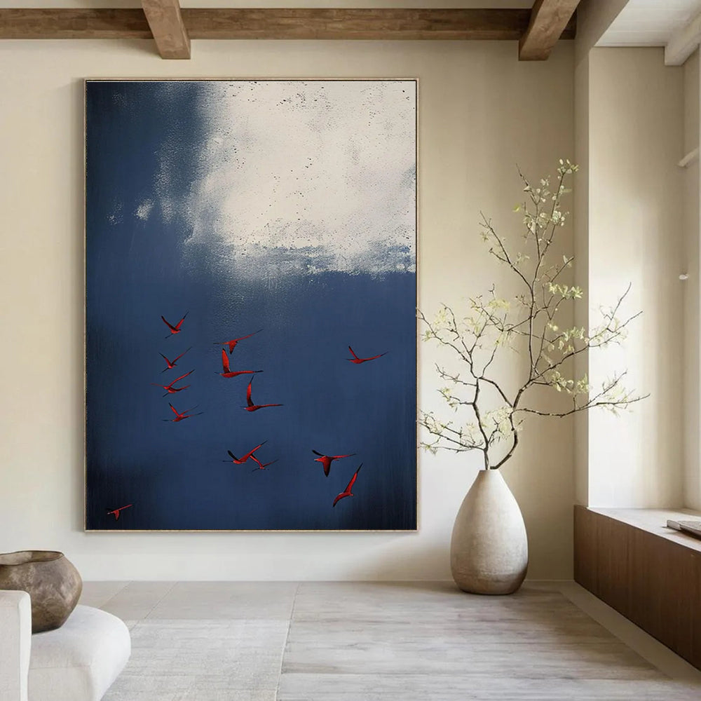 Red Birds in Blue Sky Abstract Painting with White Accents ADGE500