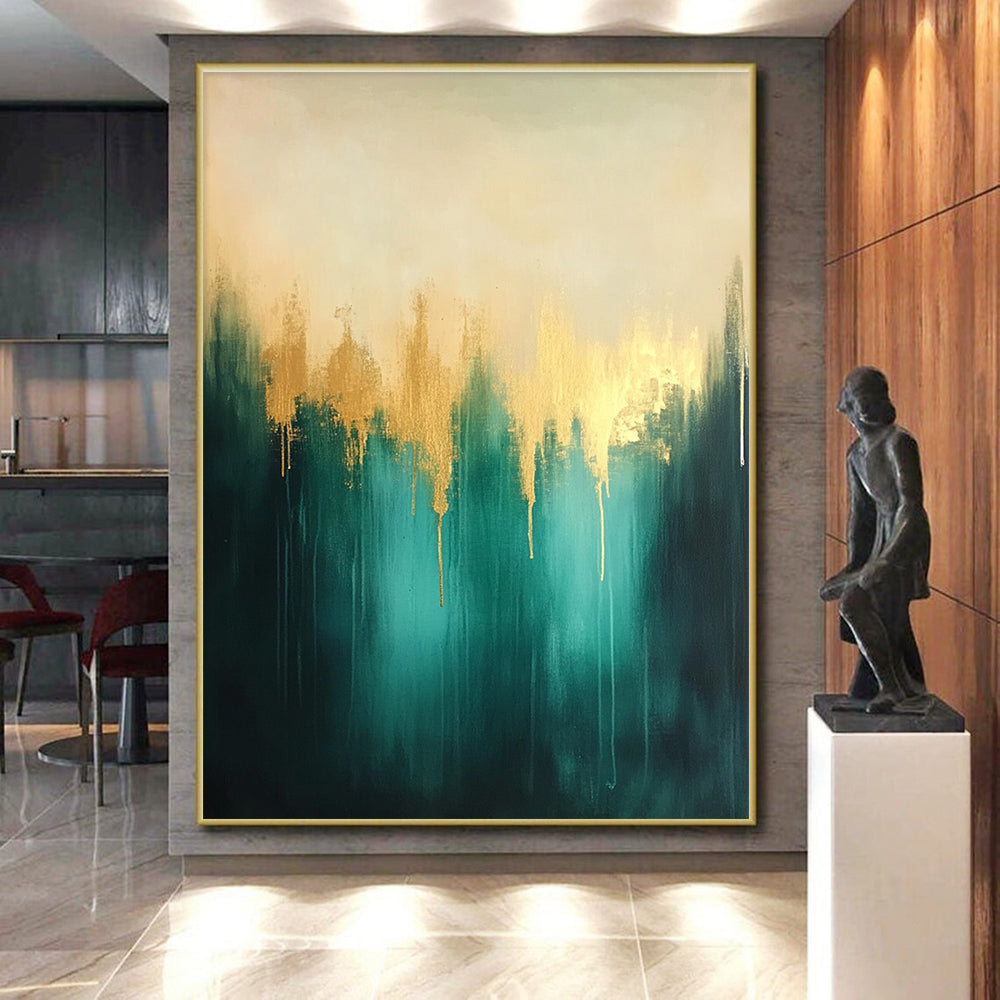 Teal and Gold Abstract Painting with Dripping Textures GER551