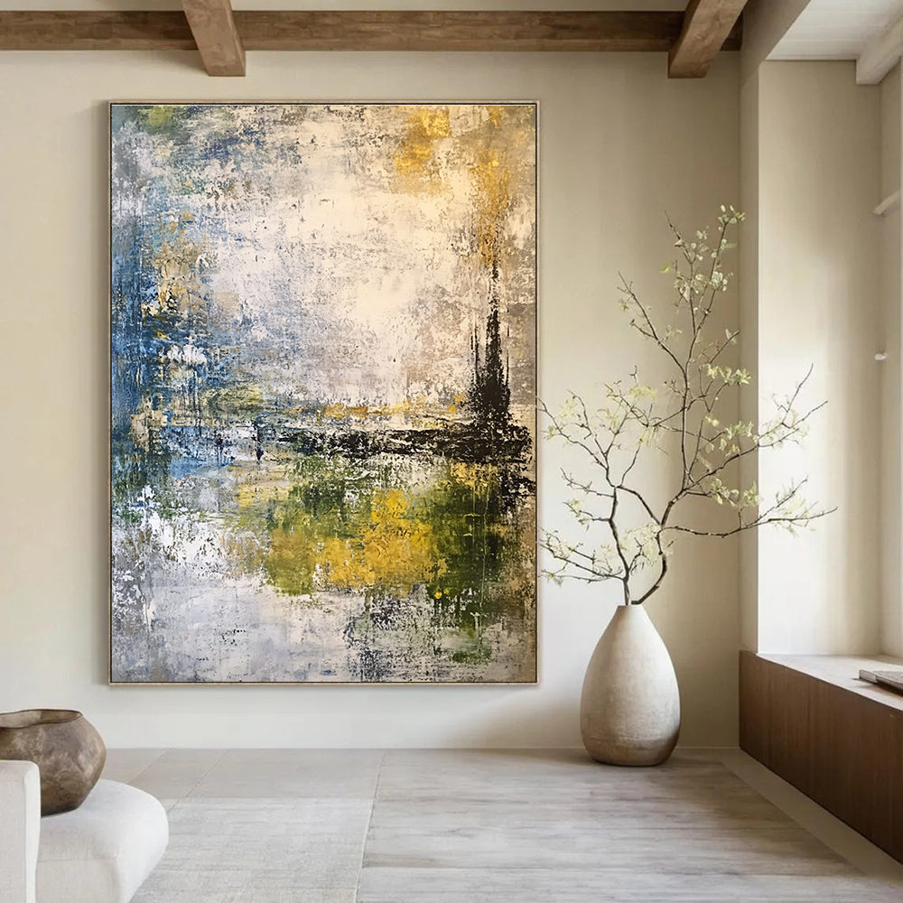Large abstract painting featuring a misty sky and landscape in muted gray blue green and yellow-brown tones using mixed media techniques.STSC210