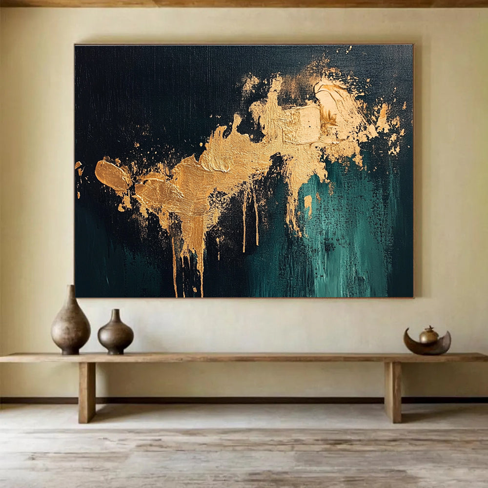 Large abstract painting with gold splashes on dark green background showcasing intricate details and a moody atmospheric feel.SC259