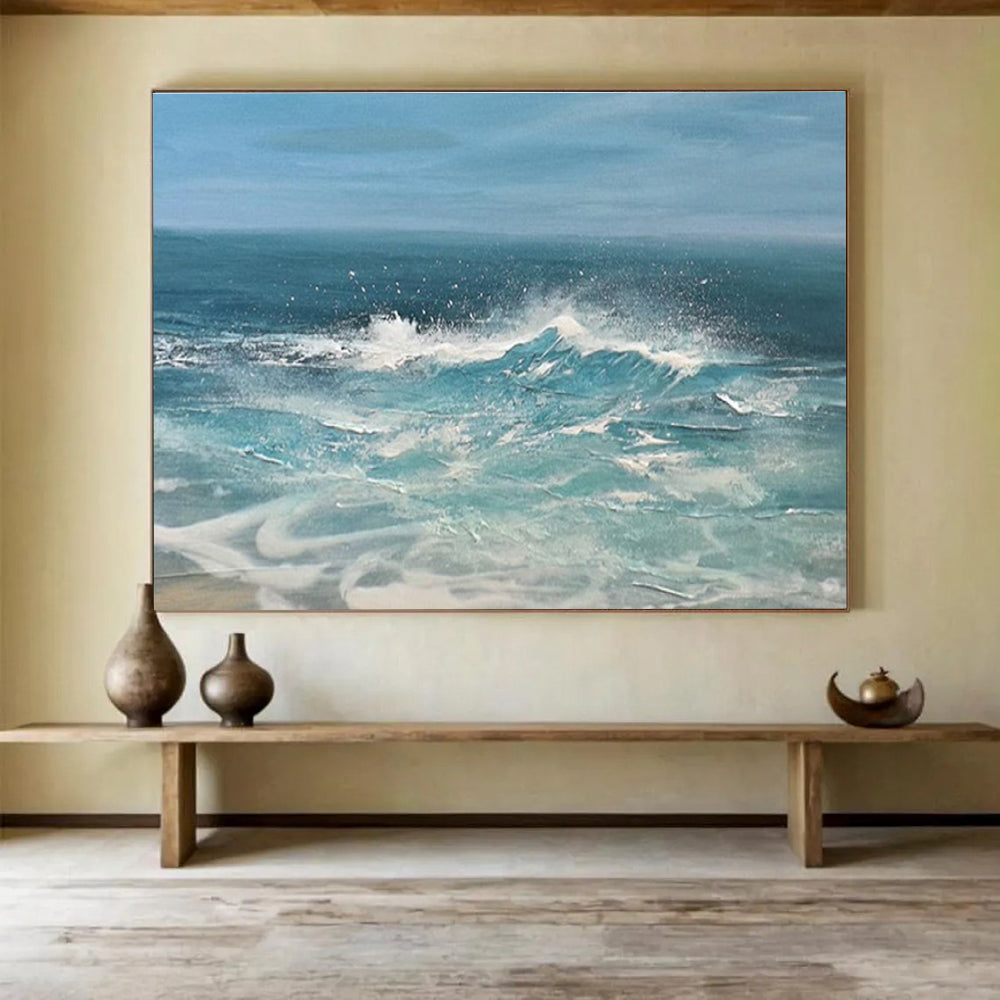 Blue White Crashing Waves Sea Abstract Painting THY024