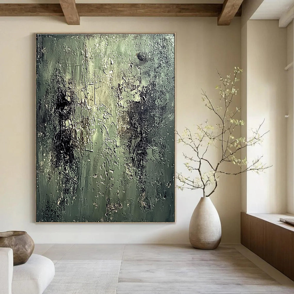 Large abstract oil painting of an old mossy wall with peeling paint in muted greens and dark browns evoking coolness and desolation.STSC587