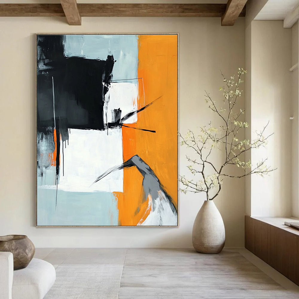 Large abstract painting in orange black and white featuring a grey figure reaching down against a light blue background.STSC725