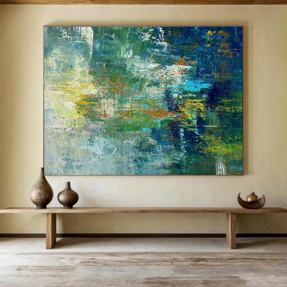 Green Blue Abstract Painting with Forest Stream Motifs THY353