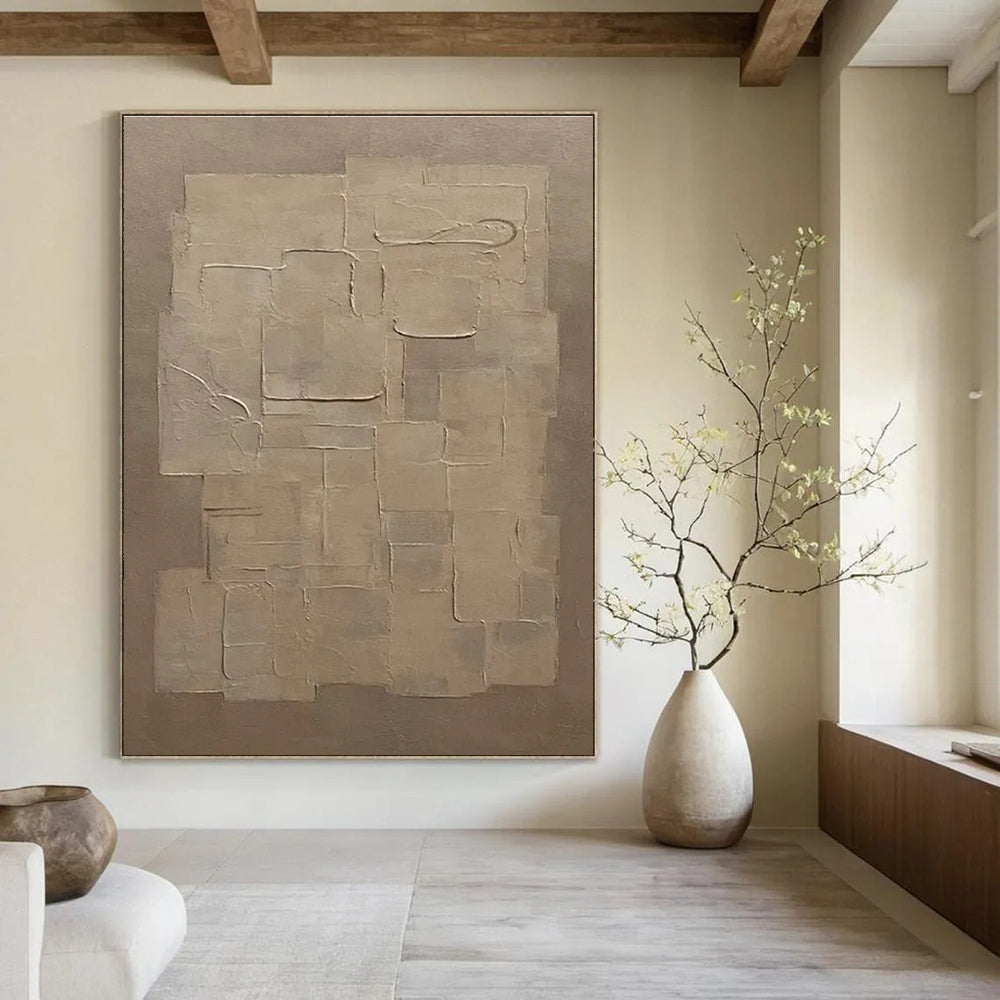 Beige Geometric Abstract Painting with Textured Squares ADGE490