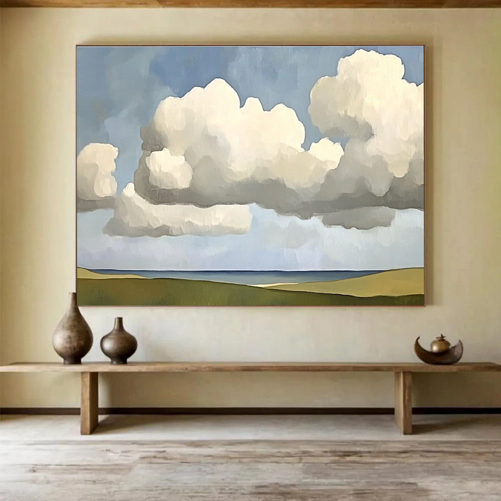 Large abstract painting of clouds in the sky inspired by Fairfield Porter featuring soft hues and fluid forms that evoke tranquility.SC601
