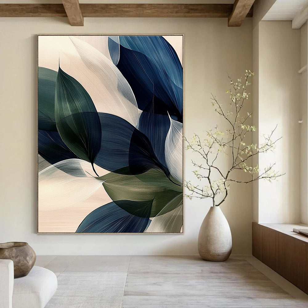 Large abstract painting of navy blue green and white large leaves with soft edges and subtle gradients on a light background.STSC685