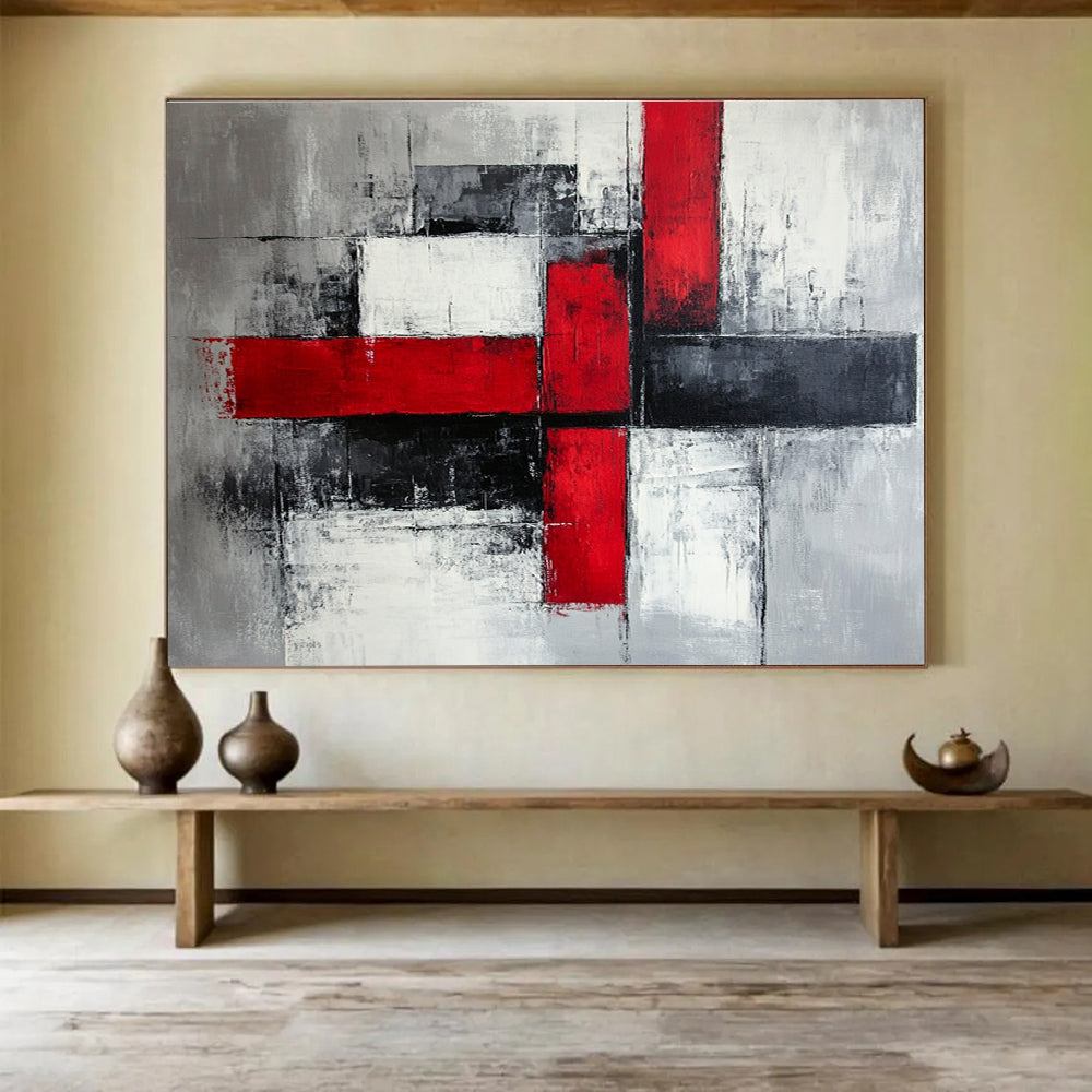 Red Black and Gray Abstract Painting with Cross Forms DYP397